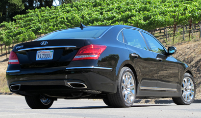 A three-quarter rear view of a black 2011 Hyundai Equus A three-quarter rear view of a black 2011 Hyundai Equus