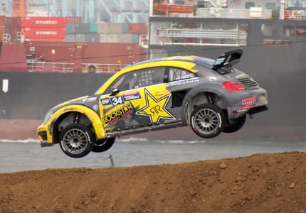 Tanner Foust, racing a souped-up Volkswagen Beetle at round 8 of the Red Bull Global Rallycross at the Port of Los Angeles