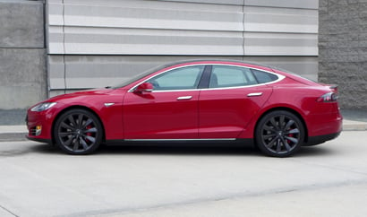 A three-quarter front view of the all-new Tesla Model S P90D with Ludicrous mode