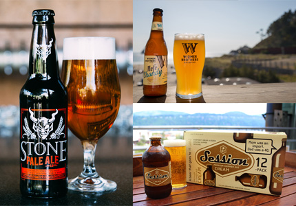 A sampling of GAYOT's Top 10 Summer Beers: Stone Pale Ale 2.0, Widmer Brothers Hefe Shandy and Full Sail Session Cream Summer Ale