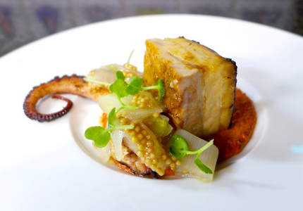 Charred octopus & pork belly served at the Gala Dinner during The Jackson Family Wines Culinary Series in Riviera Maya, Mexico Charred octopus & pork belly served at the Gala Dinner during The Jackson Family Wines Culinary Series in Riviera Maya, Mexico