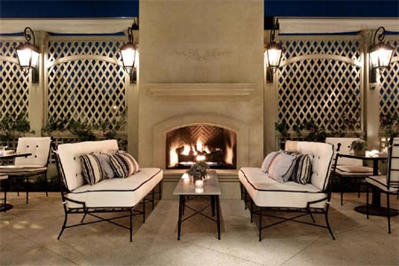 The terrace at The Belvedere features an outdoor fireplace