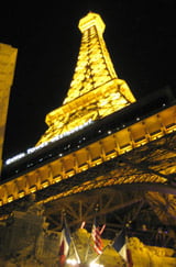 Eiffel Tower restaurant at Paris Las Vegas looms over the Las Vegas Strip