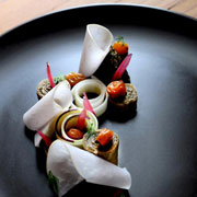 Oxheart in Houston: Purple kohlrabi, raw and pickled in oat's whey, vegetable ash, hazelnuts