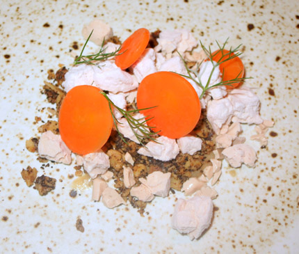 Frozen duck liver, smoked maple, carrot, coffee granole at Alma