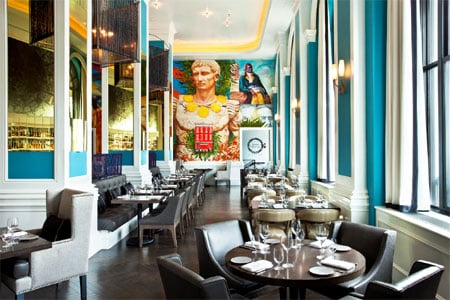 Cool turquoise-hued walls and wildly federalist provide a bold setting for Mediterranean fare at Pinea in the W Washington D.C. hotel