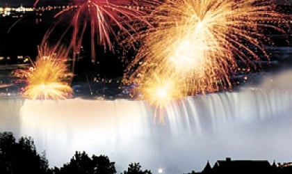 Fireworks over the falls on New Year's Eve at Niagra Falls, Canada