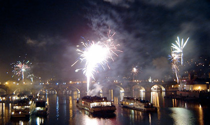 A view of Charles Bridge amidst the fireworks on New Year's Eve in Prague, Czech Republic