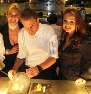 Chef Michael Voltaggio smoking salmon wiht TV star chaf Giada di laurentiis and Sophie Gayot