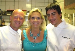 Chef Stefan Richter with chef de cuisine Leandro Bongarra with Sophie Gayot