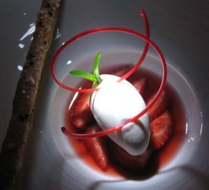 Milk sorbet with strawberries from pastry chef Jean-François Suteau