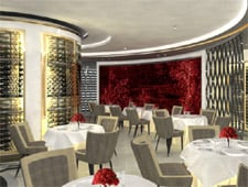 A digital rendering of the dining room of Petrus in London