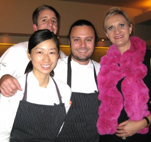 Chef de cuisine Kuniko Yagi, pastry chef Ramon Perez, chef David Myers with Sophie Gayot