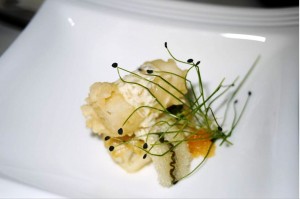 Turbot tempura: pickerel topped with whitefish caviar, Haida Gwaii herring roe and kelp