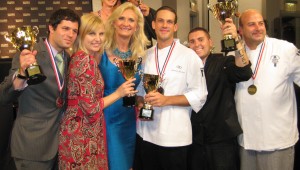 The winners, from left to right: Sommelier Mark Sadr, Mixologist Tricia Alley, Sous-chef Alexandre Derenne, Pastry chef Matthieu Chamussy, Culinary Student Mark Wheeler with Sophie Gayot