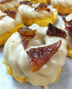 Vermont maple-glazed French cruller with candied bacon