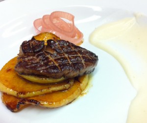 Seared foie gras, cinnamon caramel apple, red wine shallots and celery root purée