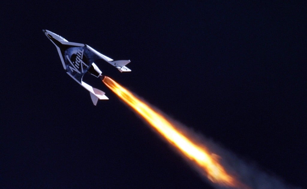 Telescope image of SpaceShipTwo as it takes off on its inaugural rocket-powered journey