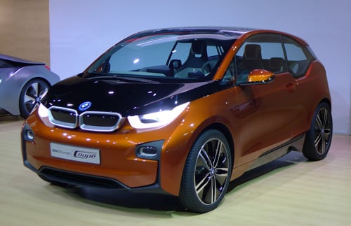 A three-quarter front view of the BMW i3 at the 2012 Los Angeles Auto Show