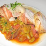 Roasted bacon-wrapped monkfish loin, flageolet beans, cassoulet style