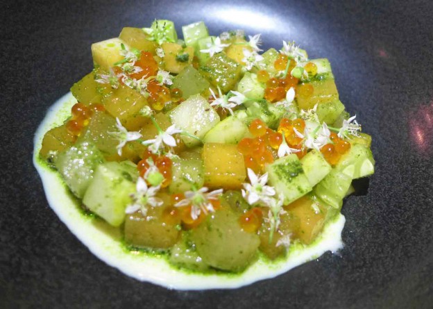 Compressed melon ceviche sprinkled with trout roe