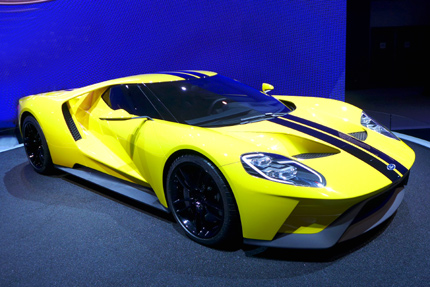 A three-quarter front view of the 2016 Ford GT