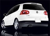 A three-quarter rear view of a white 2009 Volkswagen GTI