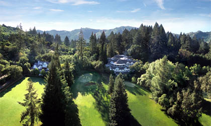 An aerial view of the Meadowood Napa Valley property in California, including the hotel, golf course and surroundings