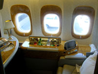 Mini bar and vanity desk in Emirates Airlines ' private first-class suite