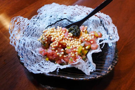 The toro tartare prepared tableside is a good way to start a meal at ROKU