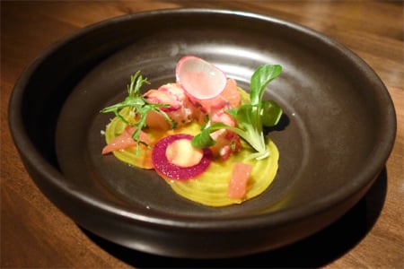 Lobster salad with roasted beet carpaccio and citrus as served at Veladora in Rancho Valencia