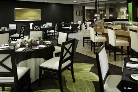 Upscale hotel restaurant offering Asian-influenced California cuisine in a contemporary environment.