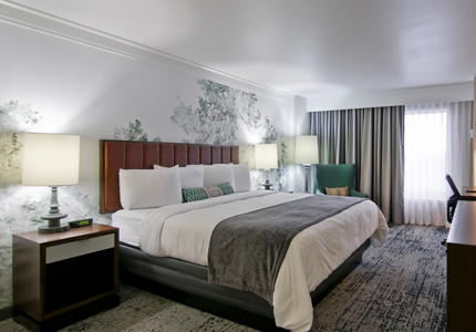 A guest room at The Grove Hotel in Boise, Idaho