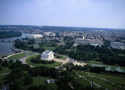 An aerial view of the Lincoln Memorial