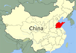 A map of China, showing Shandong Province in red