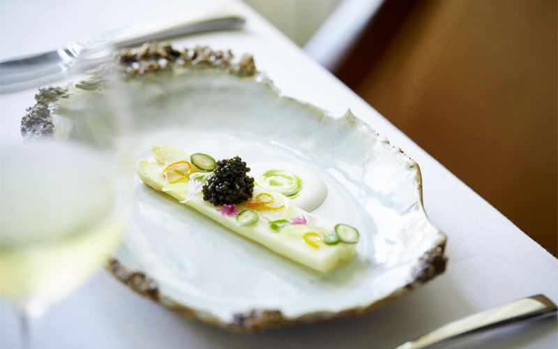 White asparagus with caviar, Aubergine | Carmel, CA