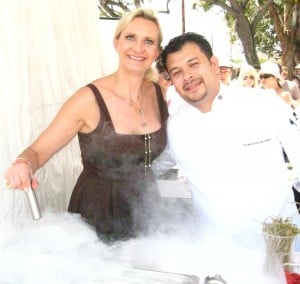 Chef de cuisine Jorge Chicas from The Bazaar with Sophie Gayot stirring a liquid nitrogen margarita