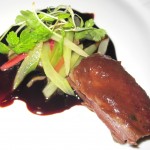 Grilled prime sirloin with stewed rhubarb & celery, Laetitia Pinot Noir jus & preserved shallot