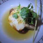 Sea scallops & foie gras with squab breast, black olive gelée, sake-apple marmalade & pomegranate seeds