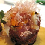 Tuna tartare in sesame cones topped with bonito flakes