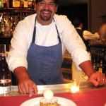 Chef Rory Herrmann with a rhubard/strawberries warm cake