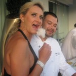 Chef de cuisine Jorge Chicas of The Bazaar with Sophie Gayot eating cotton candy foie gras