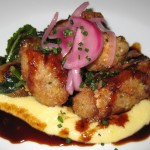 Crispy veal sweetbreads with corn grits and cipollini onions