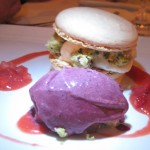 Macaron of mascarpone with pistachio streusel and cassis ice cream