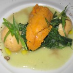 Sea urchin & scallop dumplings with wasabi beurre montée and sautéed Bloomsdale spinach