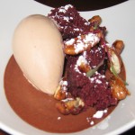 Valrhona chocolate custard with red velvet cake, pecans, cocoa nib ice cream