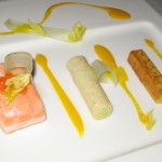 Smoked-baked Loch Duart salmon with pomme macaire, celery and kohlrabi fondant-croquant, and uni