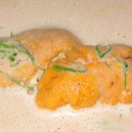 Santa Barbara sea urchin soup with apple cabbage slaw and Meyer lemon