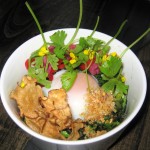 Kelley's Mom's Farm Egg with brassicas, pickled rose hips, chili, fried garlic and boiled peanuts
