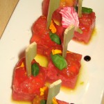 Watermelon tomato skewers with Pedro Ximénez reduction and sexy tomato seeds